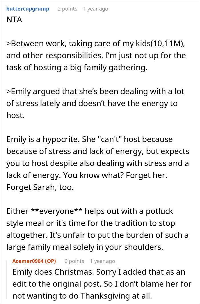 Commenter discusses woman asking for a break from hosting traditional family Thanksgiving amid stress and criticism from sisters. Commenter discusses woman asking for a break from hosting traditional family Thanksgiving amid stress and criticism from sisters.