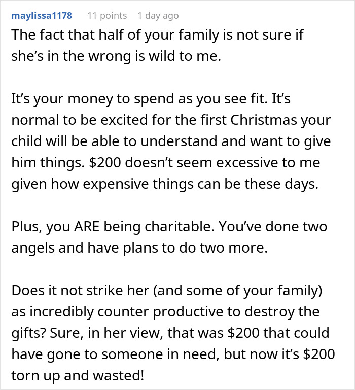 Comment discussing a woman deciding to destroy child's Christmas presents over sister not doing enough for charity. Comment discussing a woman deciding to destroy child's Christmas presents over sister not doing enough for charity.