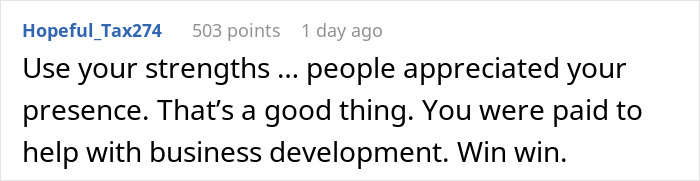 Comment on a forum post about a female software developer invited to client meetings as a pretty face, discussing business development.