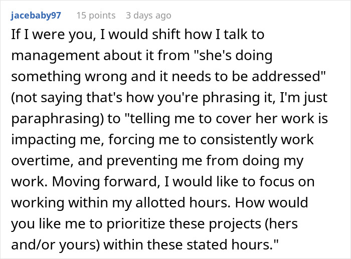 Alt text: Woman explains workplace frustration after coworker eats what she shouldn’t, causing work and overtime issues.