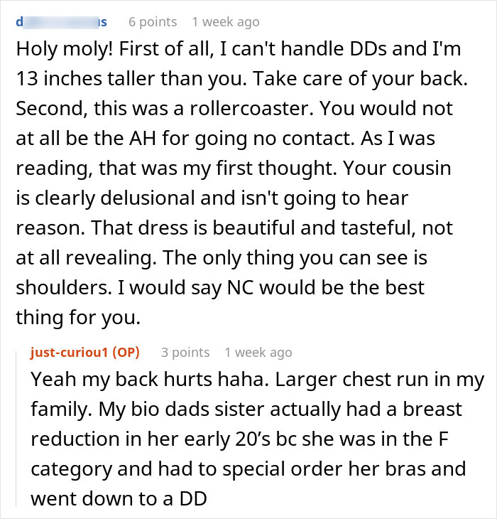 Commenter discusses bride’s mad cousin upset over dress at wedding, describing the dress as beautiful and tasteful.