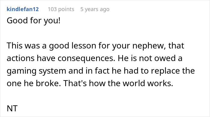 Comment praising woman who took back nephew's Christmas gift, explaining actions have consequences and replacement was required.