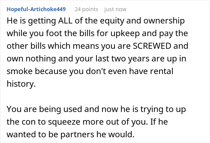 Screenshot of a Reddit comment discussing equity, ownership, and relationship issues in a renovation financing conflict. Screenshot of a Reddit comment discussing equity, ownership, and relationship issues in a renovation financing conflict.