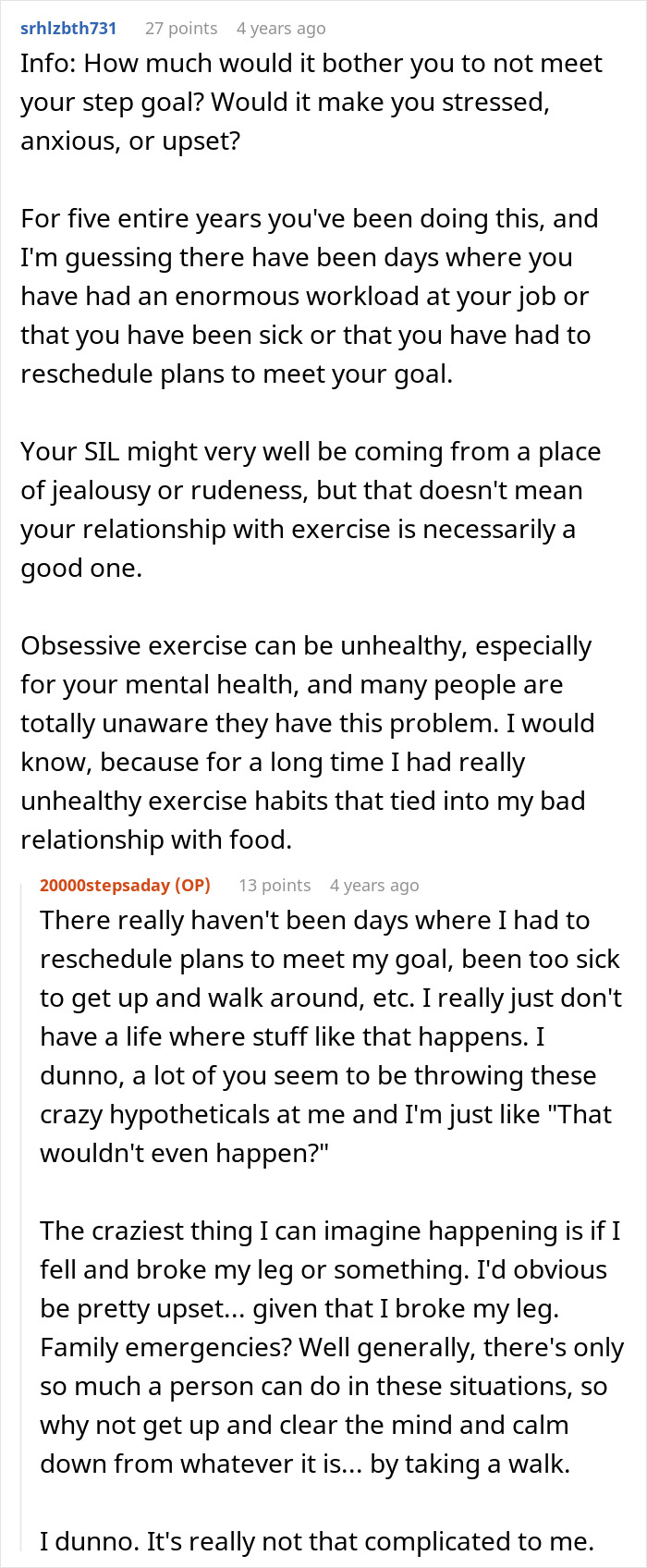 Text conversation about maintaining 20K steps per day despite challenges and criticism from sister-in-law. Text conversation about maintaining 20K steps per day despite challenges and criticism from sister-in-law.