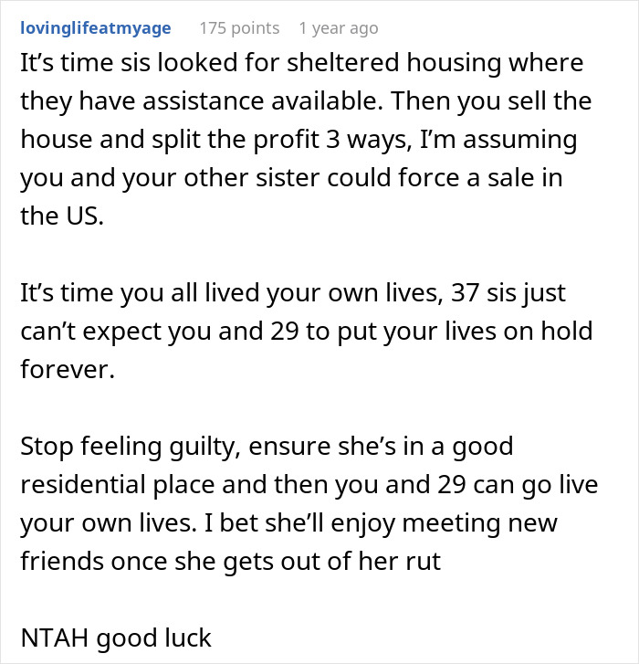 Comment discussing caretaker snapping at sister after years of sacrificing career, frustrated by constant guilt trips. Comment discussing caretaker snapping at sister after years of sacrificing career, frustrated by constant guilt trips.