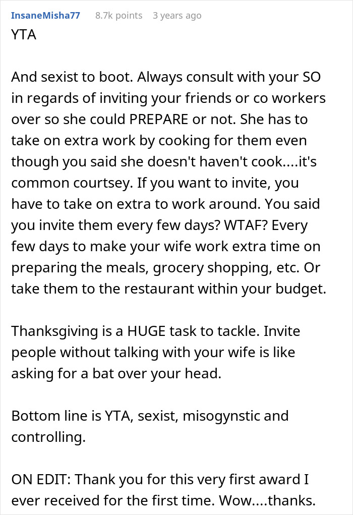 Comment from user calling man sexist for expecting wife to cook when inviting guests frequently without consultation or help.