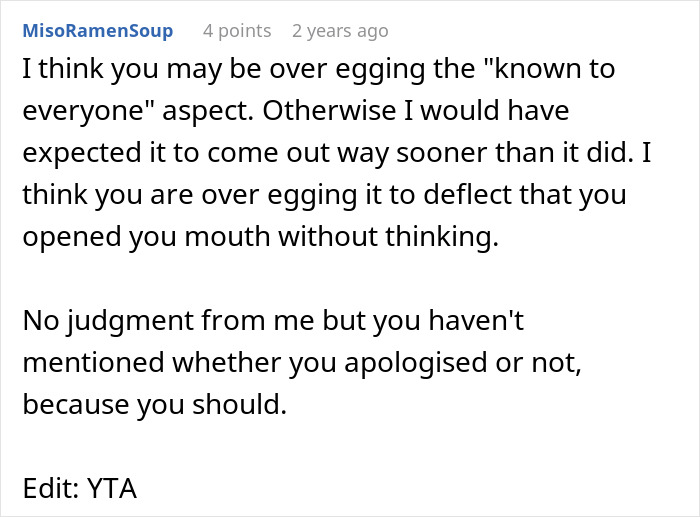 Comment text from user MisoRamenSoup discussing a friendship crumbling after a woman exposes her friend’s secret to her husband. Comment text from user MisoRamenSoup discussing a friendship crumbling after a woman exposes her friend’s secret to her husband.