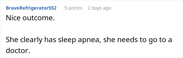Comment on a Reddit post about a woman kept awake by roommate’s snoring, discussing sleep apnea and medical advice.