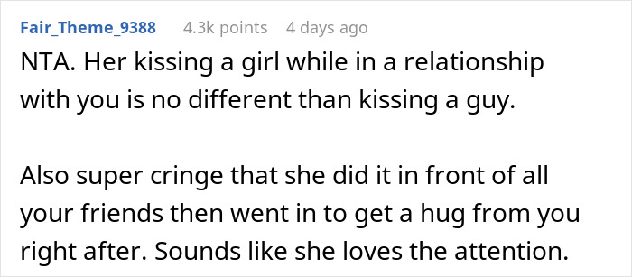 Comment discussing a girlfriend kissing another woman in front of friends and relationship issues. Comment discussing a girlfriend kissing another woman in front of friends and relationship issues.
