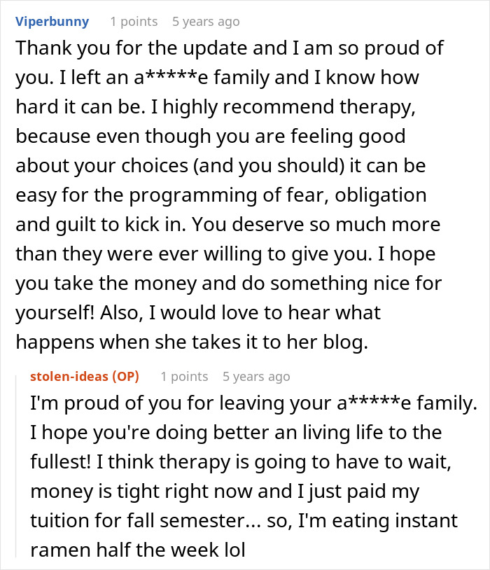 Reddit conversation discussing a woman who stole her SIL’s book and published it, then lost all her earnings.