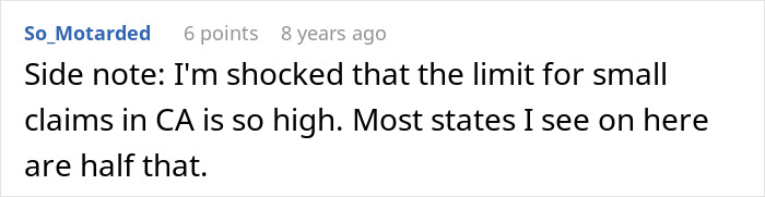 Screenshot of a forum comment discussing small claims limits in California related to a neighbor dispute lawsuit. Screenshot of a forum comment discussing small claims limits in California related to a neighbor dispute lawsuit.