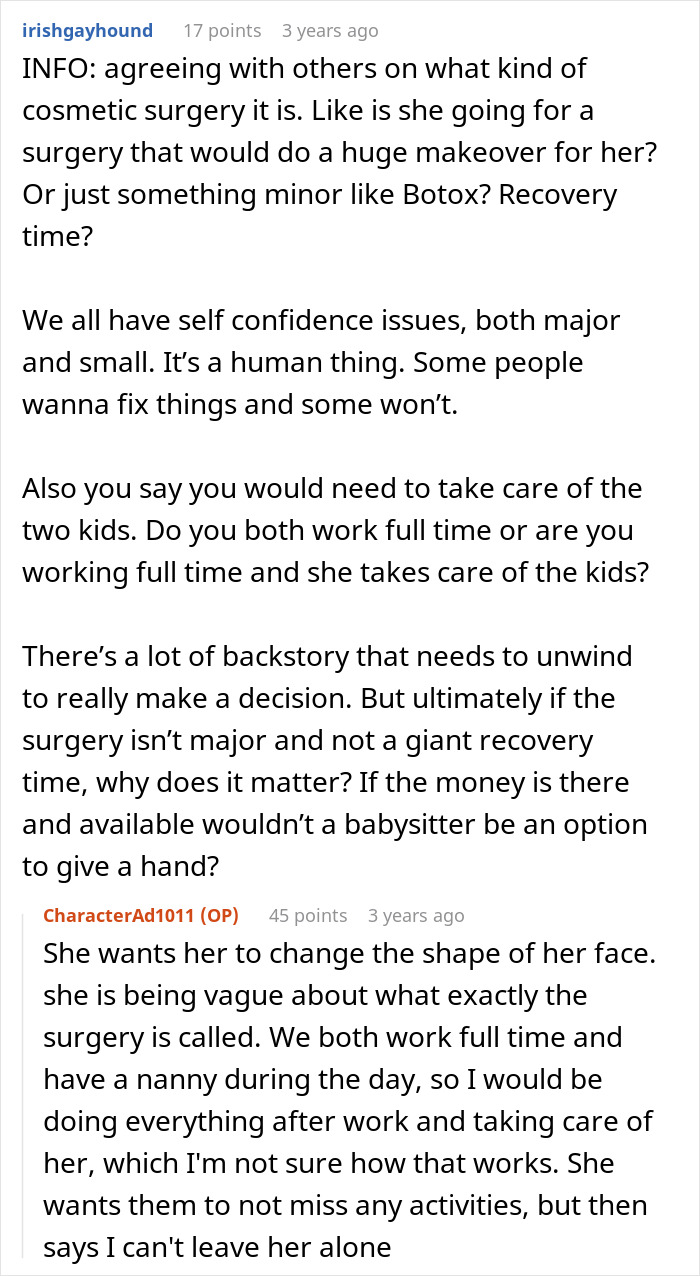 Online discussion about refusing help to recover from cosmetic surgery and managing childcare responsibilities. Online discussion about refusing help to recover from cosmetic surgery and managing childcare responsibilities.