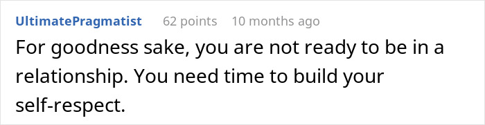 Comment on a forum about relationships, advising on self-respect and readiness before committing.