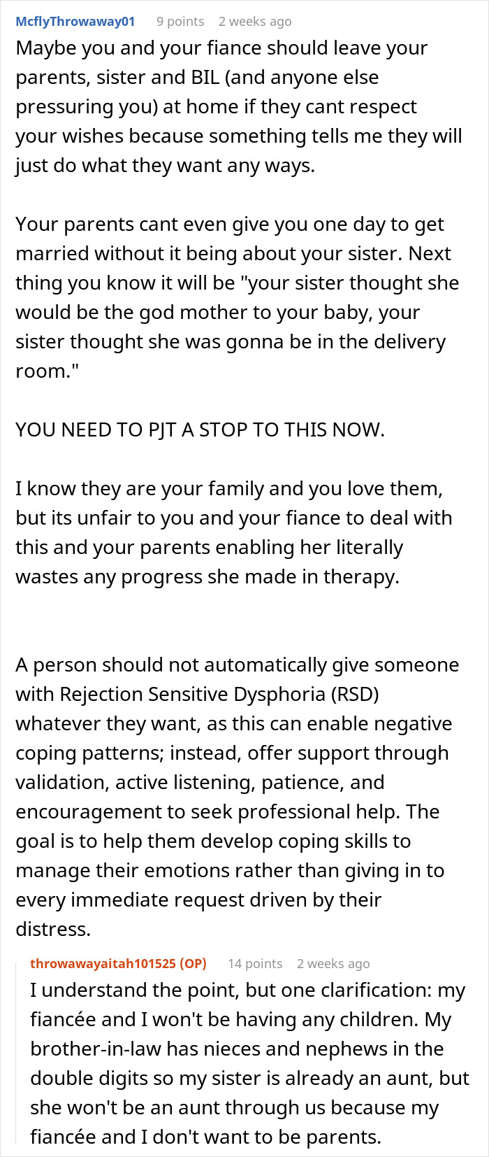 Screenshot of an online discussion about a guy rejecting sister's idea for his big wedding and dealing with rejection sensitive dysphoria. Screenshot of an online discussion about a guy rejecting sister's idea for his big wedding and dealing with rejection sensitive dysphoria.