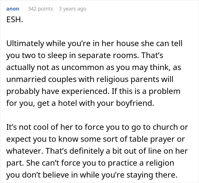 Text post discussing MIL making son’s girlfriend sleep in a different room and insisting on praying or church attendance.