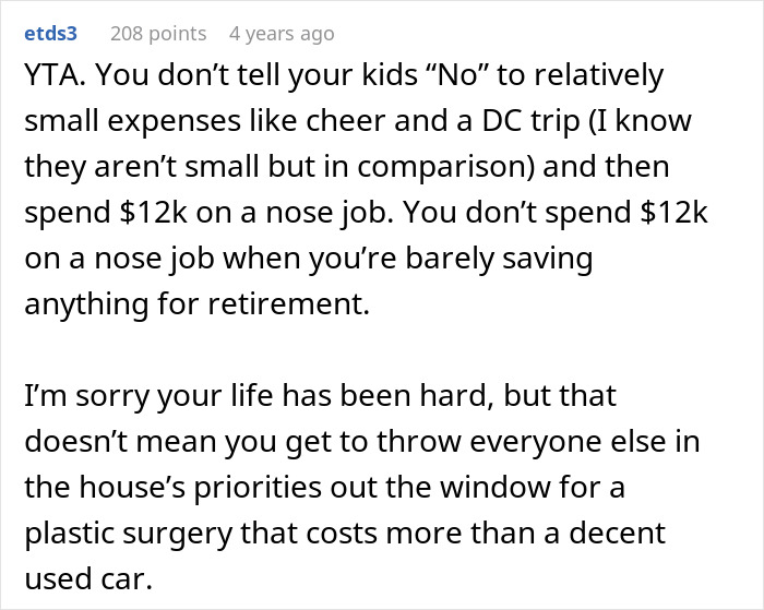 Reddit user criticizes choosing nose job over kids college funds, highlighting financial priorities and retirement savings concerns. Reddit user criticizes choosing nose job over kids college funds, highlighting financial priorities and retirement savings concerns.