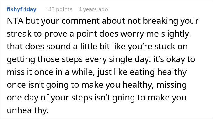 Screenshot of a Reddit comment discussing the pressure of maintaining 20K steps daily despite occasional misses. Screenshot of a Reddit comment discussing the pressure of maintaining 20K steps daily despite occasional misses.