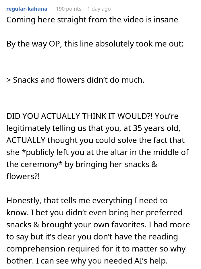 Commenter discusses a bride running away from the altar after wedding vows written with ChatGPT by the groom. Commenter discusses a bride running away from the altar after wedding vows written with ChatGPT by the groom.