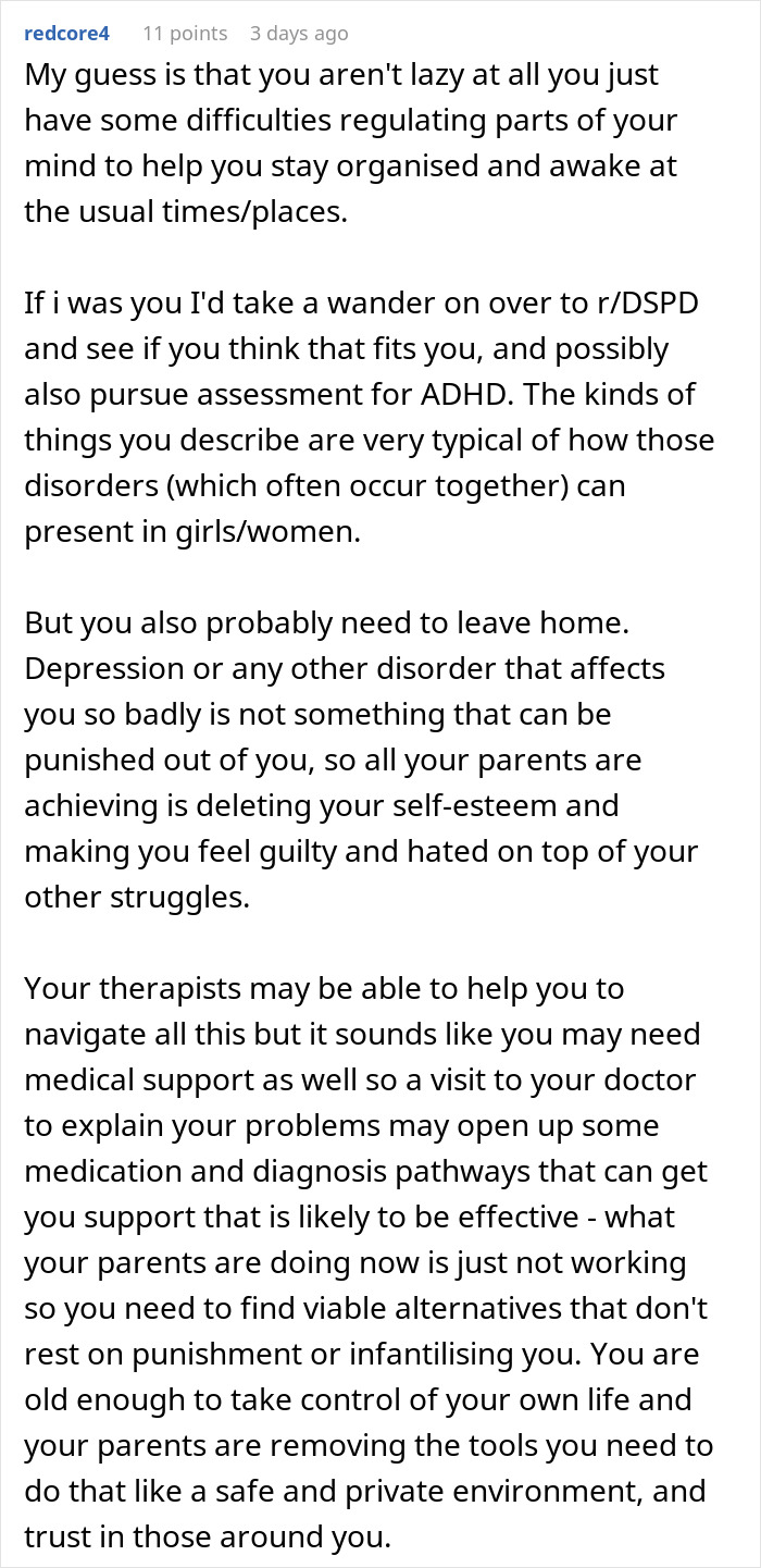 Reddit comment discussing parents labeling daughter lazy and removing mattress amid her depression struggles. Reddit comment discussing parents labeling daughter lazy and removing mattress amid her depression struggles.