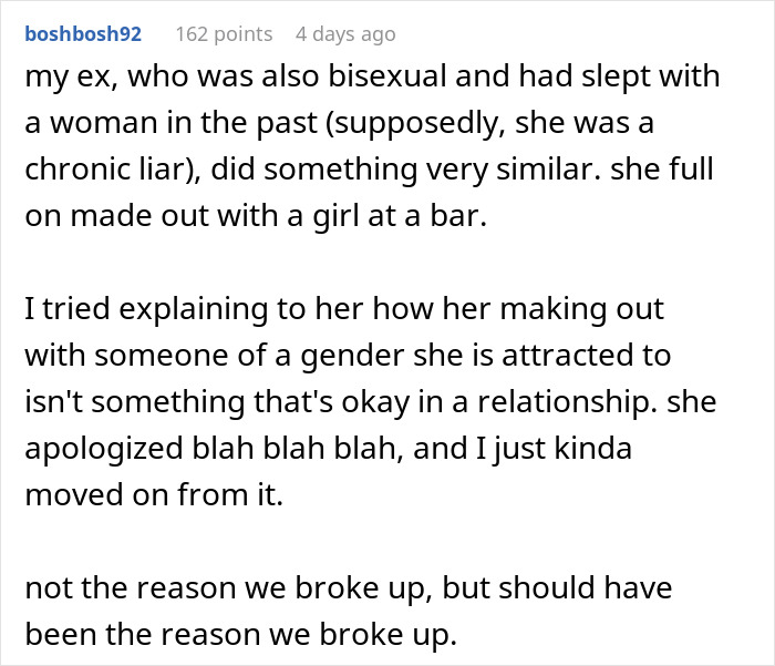 Comment sharing a story about a bisexual ex making out with a woman and relationship issues from a girlfriend kissing another woman. Comment sharing a story about a bisexual ex making out with a woman and relationship issues from a girlfriend kissing another woman.