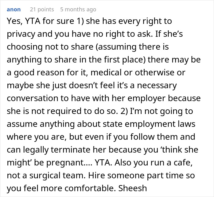 Comment discussing employee privacy and employer rights about pregnancy in a right to fire state workplace situation.