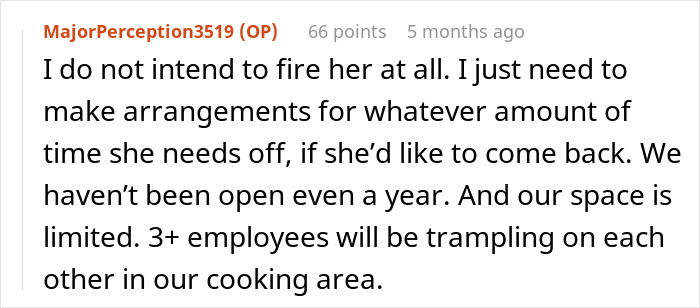 Text from user MajorPerception3519 explaining no intention to fire employee and making arrangements for time off in limited workspace.
