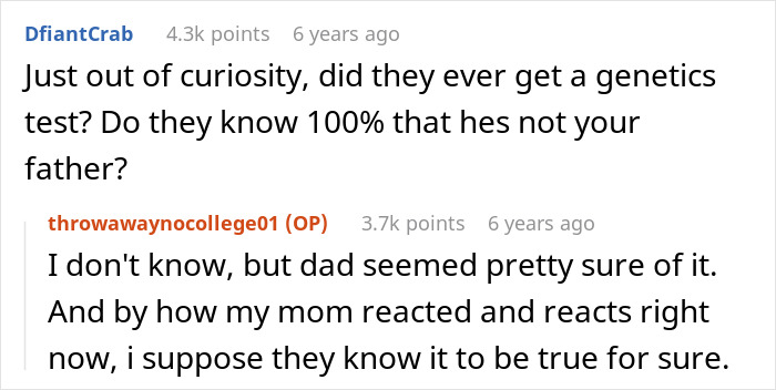 Reddit user discusses mom affair and doubts about college money and dad's paternity in a text conversation. Reddit user discusses mom affair and doubts about college money and dad's paternity in a text conversation.