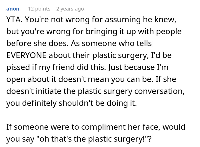Screenshot of an online forum discussing friendship issues after a woman reveals plastic surgery secrets to a husband.