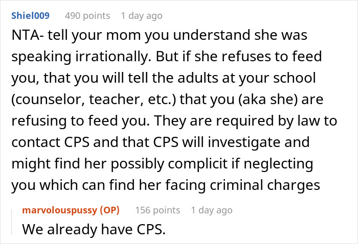 Reddit comments discussing a 17-year-old calling out mom for retiring from parenting and refusing to buy food. Reddit comments discussing a 17-year-old calling out mom for retiring from parenting and refusing to buy food.