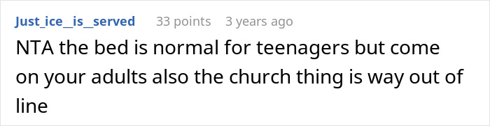 Comment discussing MIL making son's girlfriend sleep in a different room due to not praying or attending church.