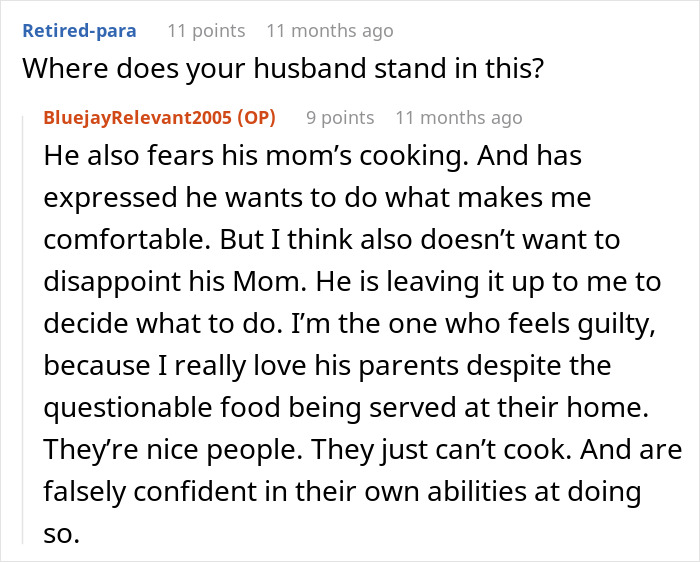 Comment discussing fears about MIL’s cooking being hazardous and its impact on a pregnant woman’s Thanksgiving plans. Comment discussing fears about MIL’s cooking being hazardous and its impact on a pregnant woman’s Thanksgiving plans.