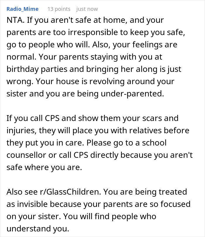 Comment advising a 16-year-old feeling like a prisoner around a mentally unstable sister and calling out parents for prioritizing her safety.