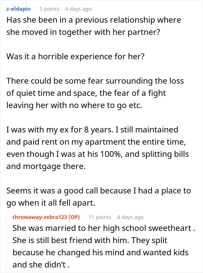 Pregnant girlfriend refusing to move together, with concerns about past relationship fears and personal space challenges.