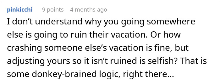 Screenshot of a comment debating the logic behind a MIL joining a couple’s vacation and its impact on the trip. Screenshot of a comment debating the logic behind a MIL joining a couple’s vacation and its impact on the trip.