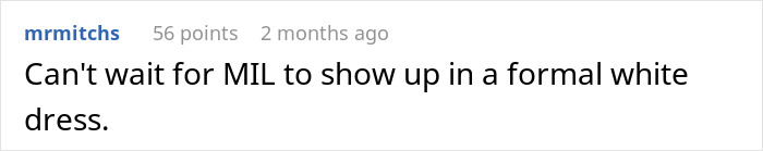 Screenshot of a Reddit comment joking about the mother-in-law sending secret wedding invites to protect family image. Screenshot of a Reddit comment joking about the mother-in-law sending secret wedding invites to protect family image.