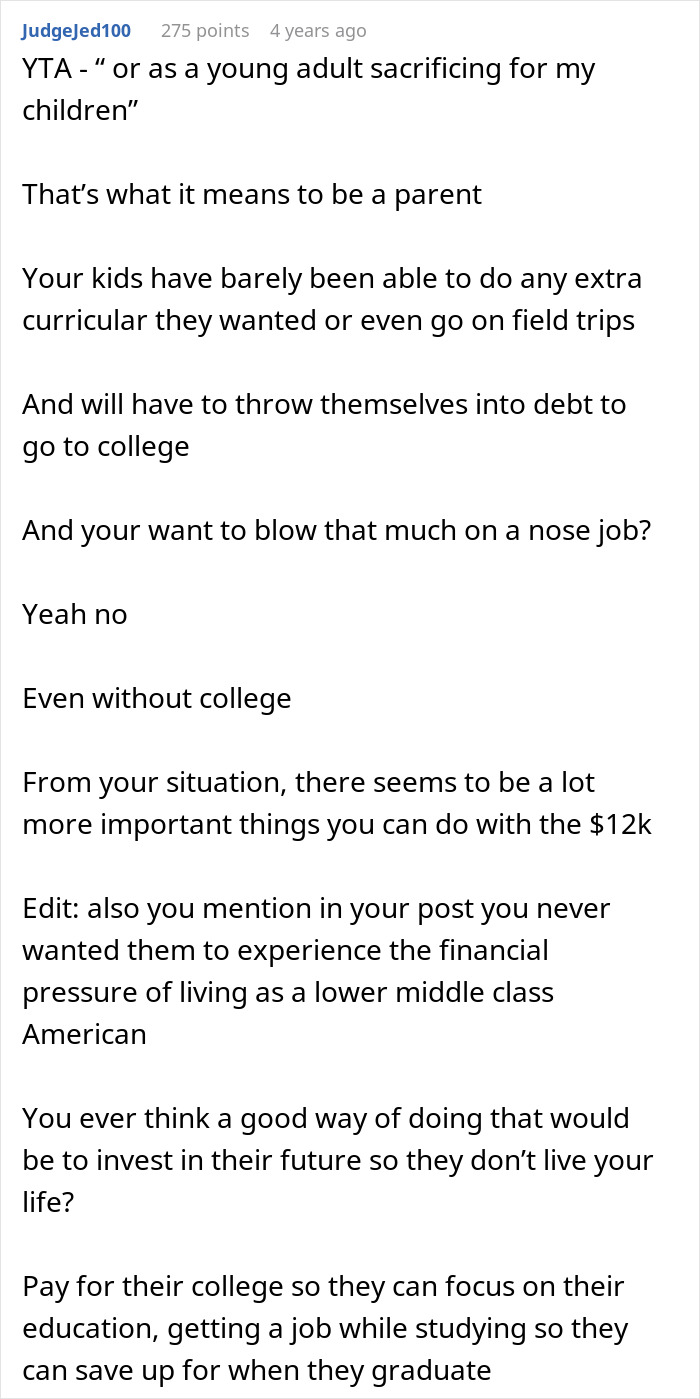 Reddit comment discussing choosing a nose job over kids college funds and the importance of investing in their future.