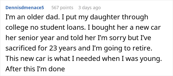 Screenshot of a Reddit comment from an older dad explaining sacrifices for children and plans for retirement finances. Screenshot of a Reddit comment from an older dad explaining sacrifices for children and plans for retirement finances.
