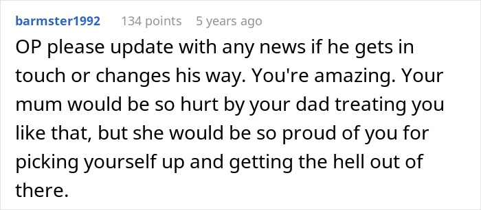 Reddit comment expressing support for teen leaving home after dad prioritizes his girlfriend over adoption concerns.