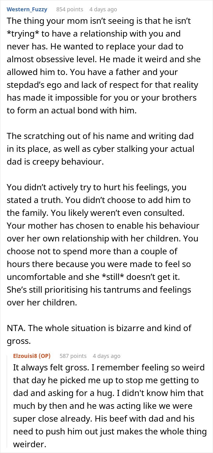 Reddit text discussion about stepdad trying to displace kids’ bio dad and the resulting family tensions. Reddit text discussion about stepdad trying to displace kids’ bio dad and the resulting family tensions.