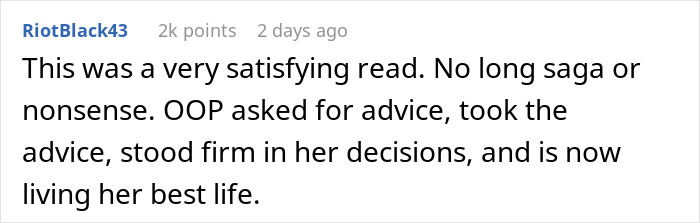 Screenshot of an online comment praising a woman who moved in with her boyfriend and realized he wanted a nanny with benefits, not a partner.