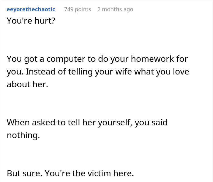 Comment criticizing a man for using AI to write wedding vows instead of expressing love to his bride himself. Comment criticizing a man for using AI to write wedding vows instead of expressing love to his bride himself.