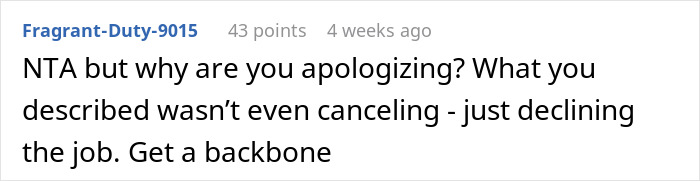Commenter Fragrant-Duty-9015 advises getting a backbone after younger sister declines free babysitting on demand years later.