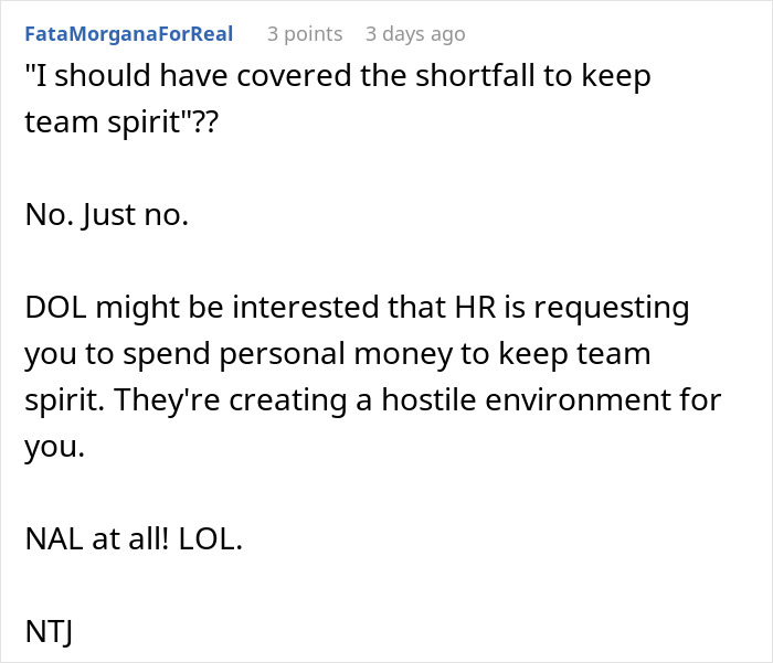 Text conversation screenshot discussing coworkers ghosting birthday organizer and team spirit issues with personal money requests.