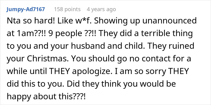 Reddit comment reacting to family surprise arriving at 1 A.M. on Christmas and getting kicked out instead. Reddit comment reacting to family surprise arriving at 1 A.M. on Christmas and getting kicked out instead.