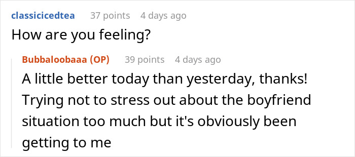 Screenshot of an online conversation where a girlfriend feels neglected after surgery, reflecting on needing a boyfriend upgrade. Screenshot of an online conversation where a girlfriend feels neglected after surgery, reflecting on needing a boyfriend upgrade.