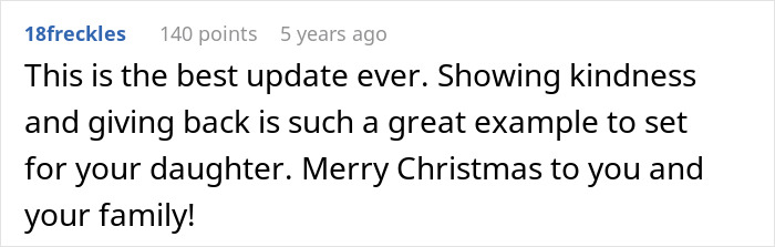 Screenshot of an online comment highlighting kindness and giving back as important Christmas values for a daughter’s example.