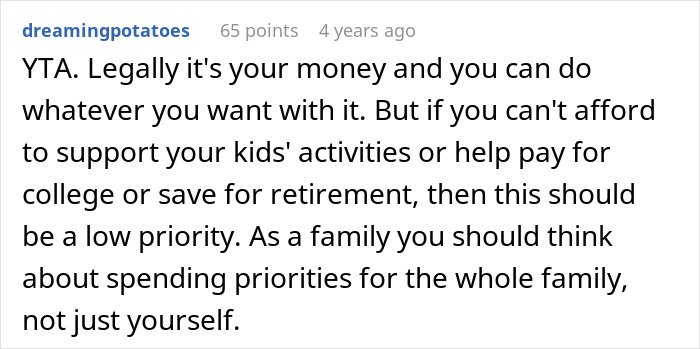 Reddit comment discussing choosing nose job over kids college funds and family spending priorities. Reddit comment discussing choosing nose job over kids college funds and family spending priorities.