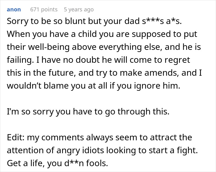 Alt text: Online forum comment expressing support for teen affected by dad choosing his girlfriend over her in adoption conflict.