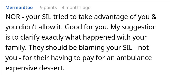 Comment discussing a rich man refusing to pay for a cake his sister-in-law ordered behind his back.