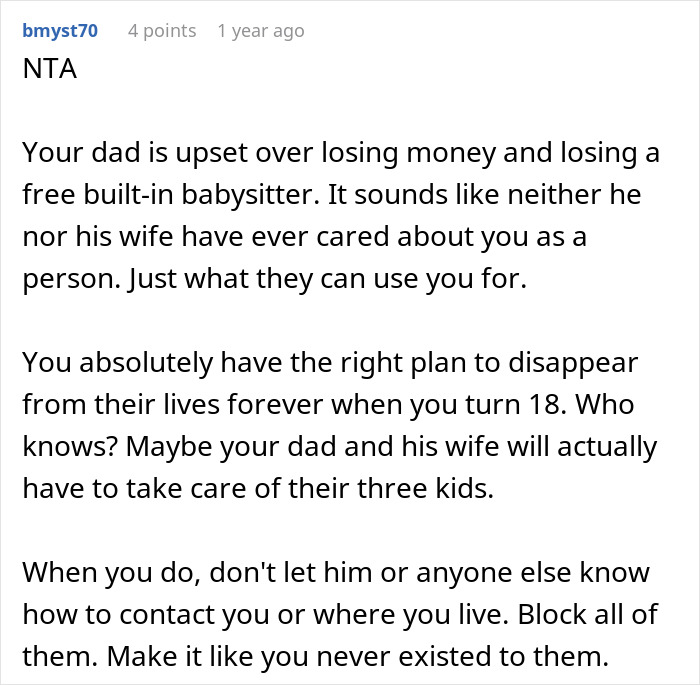 Comment discussing a teen’s decision to stop babysitting step-siblings and the dad’s upset reaction.